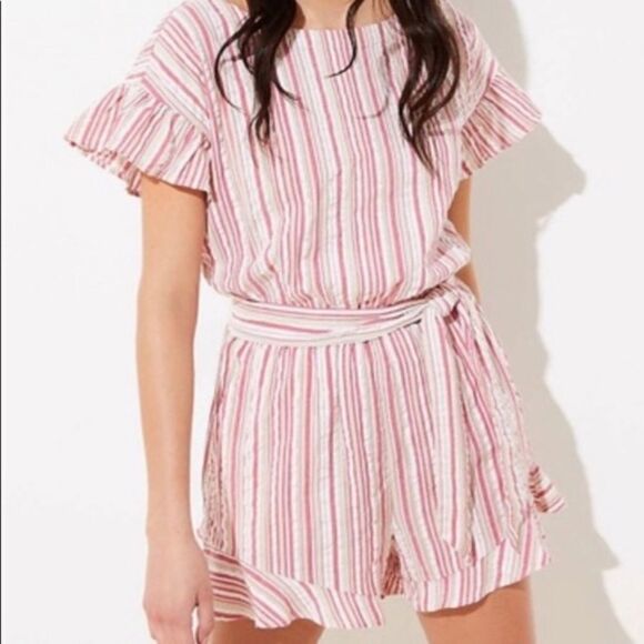 LOFT Plus Striped Ruffle Shorts Romper Dark Pink and Tan Size 24 - Picture 1 of 12